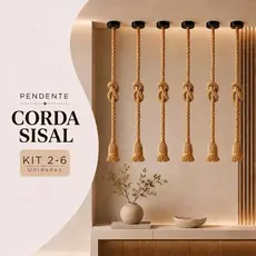 Kit 2-6 Pendente Luminária Corda Sisal 1m E27 Bivolt Lustre Rústico Decorativo Fibra Natural 110/220V