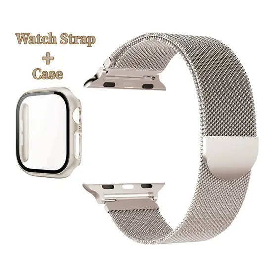 Pulseira De Metal Starlight Milan + Capa Para Apple Watch 46 Mm 42 41 40 44 45 38 49 PC Glass + iWatch Series 11 10 9 8