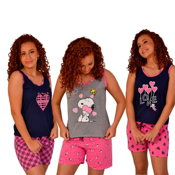 KIT 3 PIJAMAS BABY DOLL SORTIDOS ATACADO