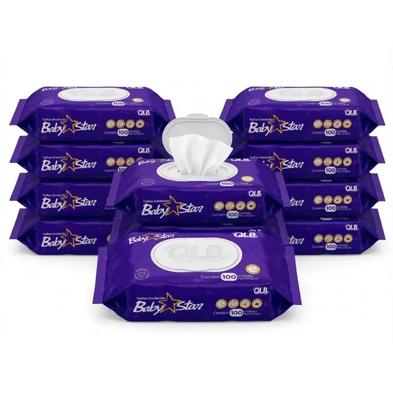 Caixa com 10 Lenços/Toalha Umedecidas Baby Star Roxa c/ 100 Unidades Cada – Sem Tampa FlipTop