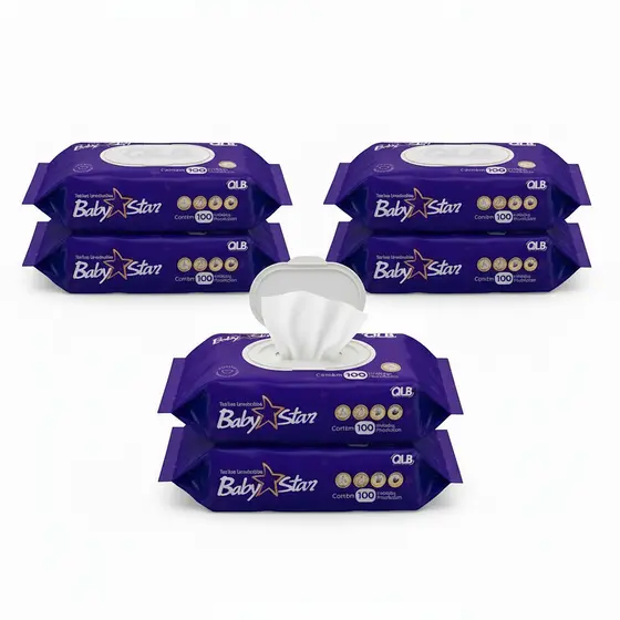 Caixa com 6 Lenços/Toalhas Umedecidas Baby Star Roxa c/ 100 Unidades Cada - Sem Tampa FlipTop