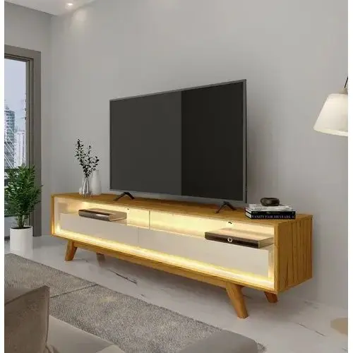 Rack para TV até 85 Polegadas com LED 100% MDF 172,5cm Pés em Madeira Maciça Requinte Marrom Naturale/Off White