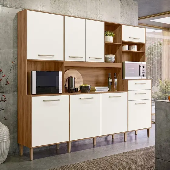 Armário de Cozinha Compacta 8 Portas 2 Gavetas Ipe e Off White Hortelã Ipê/Off White