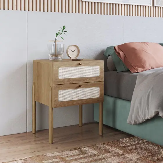 Mesa de Cabeceira 2 Gavetas Palhinha Pé Madeira Oslo Marrom Neutras Hanover Telado