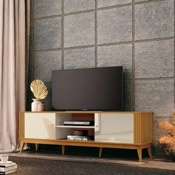 Rack Ripado para TV até 60 Polegadas 160cm Pés Madeira Maciça Legacy em . Bege Off White/Cedro Natural Off