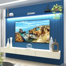 Rack Painel Ripado para TV até 90 Polegadas com LED 100% MDF 228,8cmx250cm 3 Gavetas Azul/Off White Azul/Off White