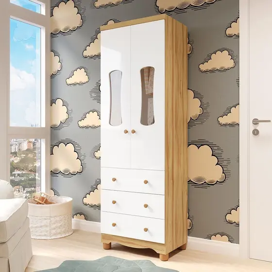 Guarda roupas Infantil 2 Portas com Janela 3 Gavetas 100% MDF Lana Espresso Móveis Branco Brilho/Amêndoa