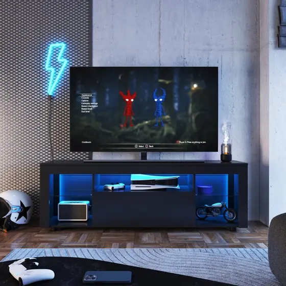 Rack para TV até 60 Polegadas com LED 160cm Gamer 1 Gaveta 2 Prateleiras em Vidro Yescasa Preto Preto