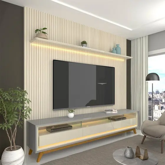 Rack Painel Ripado para TV até 90 Polegadas com LED 100% MDF 224cmx250,5cm Pés em Madeira Maciça Impressão Ripada