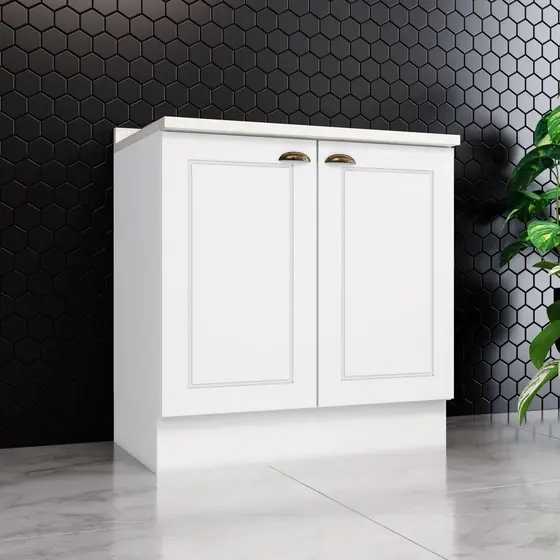 Balcão para Cozinha 2 Portas 80cm com Tampo Emily Espresso Móveis Branco/Calcare