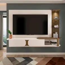 Painel para TV até 72 Polegadas com LED MDF 200cmx147cm Toronto Bege Off White/Pinho Ripado Off White/Pinho Ripado