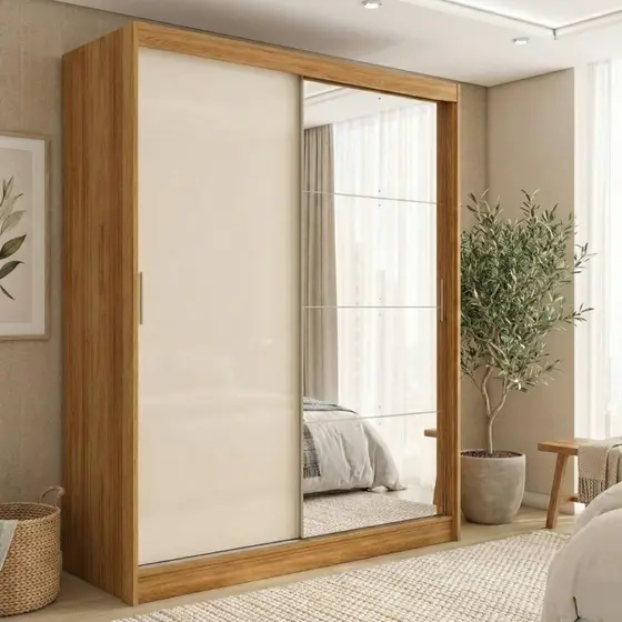 Guarda-Roupa Casal com Espelho 2 Portas de Correr e 4 Gavetas 100% MDF London Cinamon/Off-White Cinamon/Off White