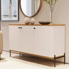 Buffet Aparador Curvo 3 Portas Pés e Puxadores em Metal 131cm Tucupí Off White/Nature/Preto