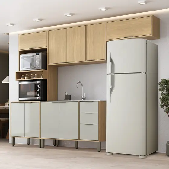 Cozinha Modulada Glória 4 Peças com Aéreo 1200 3 Portas e Torre 2 Fornos Castanho/Off White