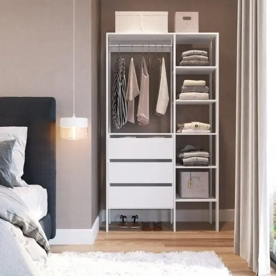 Módulo para Closet 3 Gavetas 5 Prateleiras 1 Cabideiro Branco Dormitório 100cm