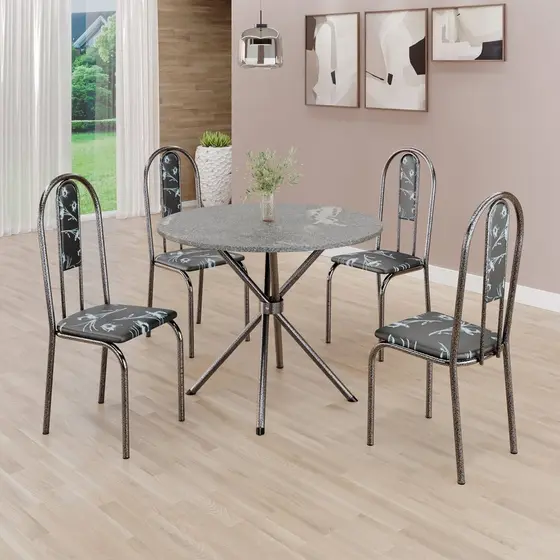 Conjunto Sala de Jantar Mesa Redonda 70cm Tampo Granito Topázio 4 Cadeiras Linda Yescasa Preto Floral/Prata