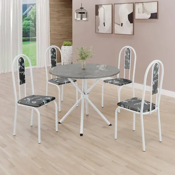 Conjunto Sala de Jantar Mesa Redonda 70cm Tampo Granito Topázio 4 Cadeiras Linda Yescasa Preto Floral/Branco