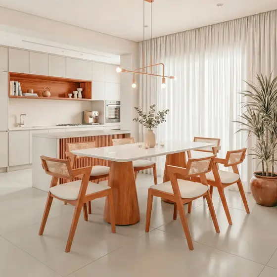 Conjunto Mesa Grécia com 6 Cadeiras Madeira Maciça, Rattan 100% Natural e Estofada Verona