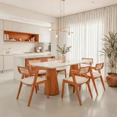 Conjunto Mesa Grécia com 6 Cadeiras Madeira Maciça, Rattan 100% Natural e Estofada Verona