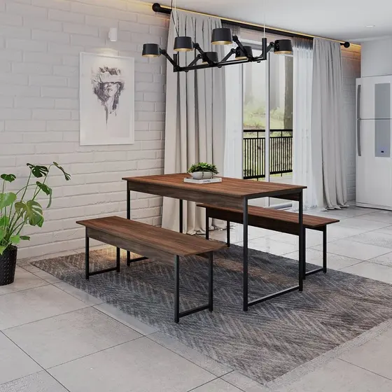 Conjunto Mesa de Jantar e 2 Bancos Industrial Aço MDP 135cm Preta e Marrom Yescasa Nogal