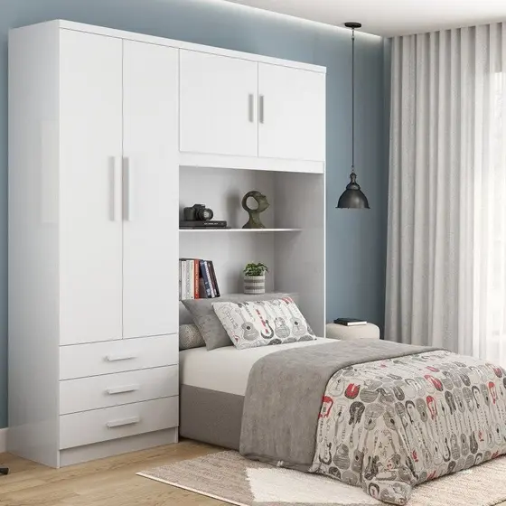Guarda-Roupa Solteiro com Cabeceira e Baú 4 Portas 3 Gavetas Cancun Yescasa Branco Branco
