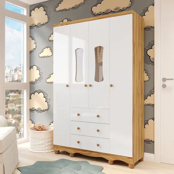 Guarda roupas Infantil 4 Portas com Janela e 3 Gavetas 100% MDF Lana Espresso Móveis Branco Brilho/Amêndoa