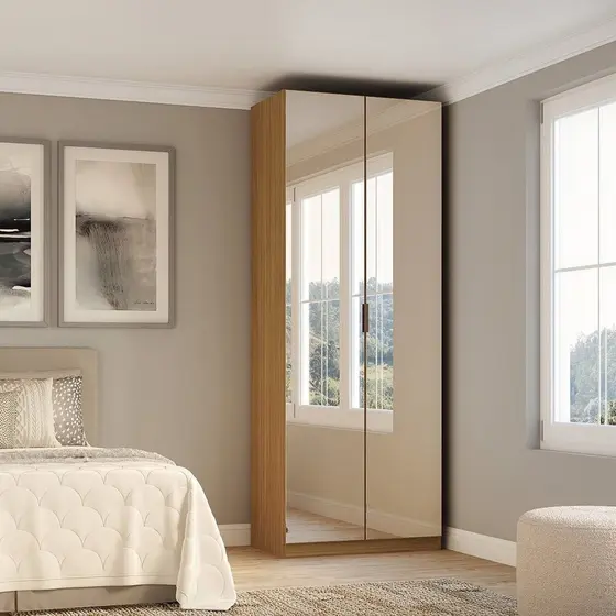 Guarda-roupa Modulado 2 Portas com Espelho Prateleiras Cabideiros sem Gavetas 90cm 100% MDF Altezza Freijó