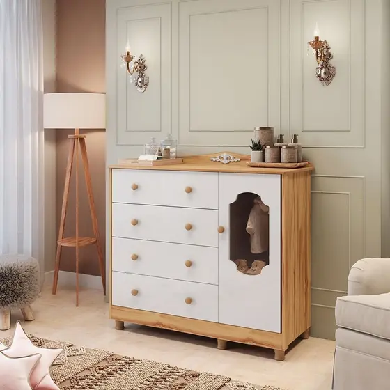 Cômoda de Bebê 120,30cm 1 Porta com Janela e 4 Gavetas 100% Mdf Maya Provençal Yescasa Branco Brilho/Amêndoa