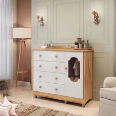 Cômoda de Bebê 120,30cm 1 Porta com Janela e 4 Gavetas 100% Mdf Maya Provençal Yescasa Branco Brilho/Amêndoa