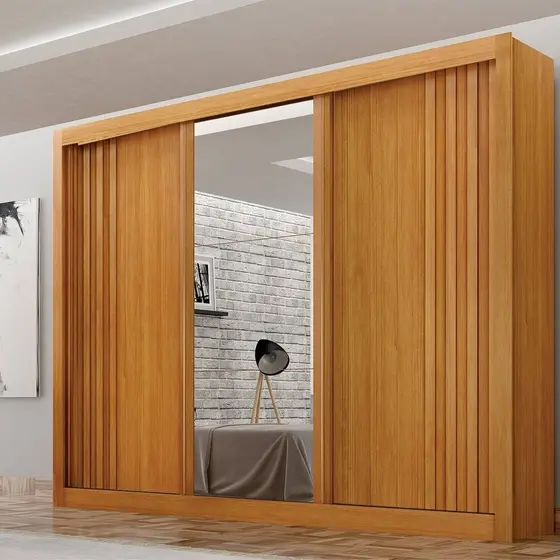 Guarda roupas 03 Portas Milano com Espelho na Porta Central, Portas Ripadas e 4 gavetas internas MDF Cinamomo