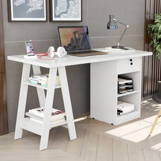 Escrivaninha Mesa Escritório Cavalete 1 Gaveta com Chave 4 Prateleiras 135cm Bali Branco
