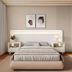 Casal Queen com 2 Mesas de Cabeceira Led 3000k e Tomadas 100% Mdf Mabel Branco Branco