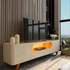 Rack para TV até 85 Polegadas com LED 100% MDF 209,5cm Pés em Madeira Maciça Nobre Branco Off White/Naturale Madeira