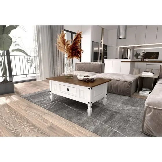 Mesa de Centro Retangular com 1 Gaveta em Madeira Maciça Branco/Nogal Branco/Nogal