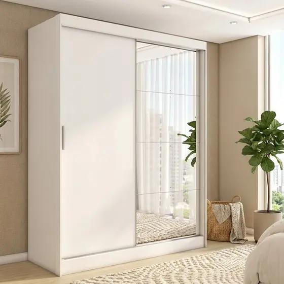 Guarda-Roupa Casal com Espelho 2 Portas de Correr e 4 Gavetas 100% MDF London Branco Branco/Amendola