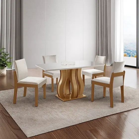 Mesa de Jantar Nuance 135x90cm 4 Cadeiras Modernas Mônaco Yescasa Cinamomo/Creme/Off White