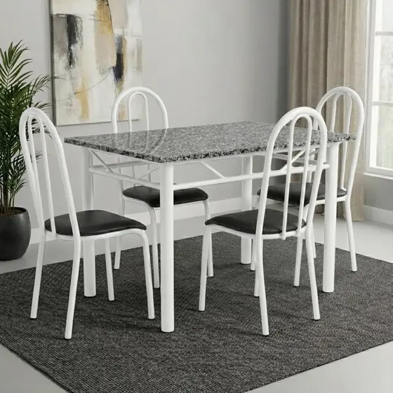 Conjunto Mesa de Jantar 4 Lugares Retangular em Aço com Tampo em Granito Monique Mescla Branco/Preto