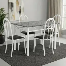 Conjunto Mesa de Jantar 4 Lugares Retangular em Aço com Tampo em Granito Monique Mescla Branco/Preto