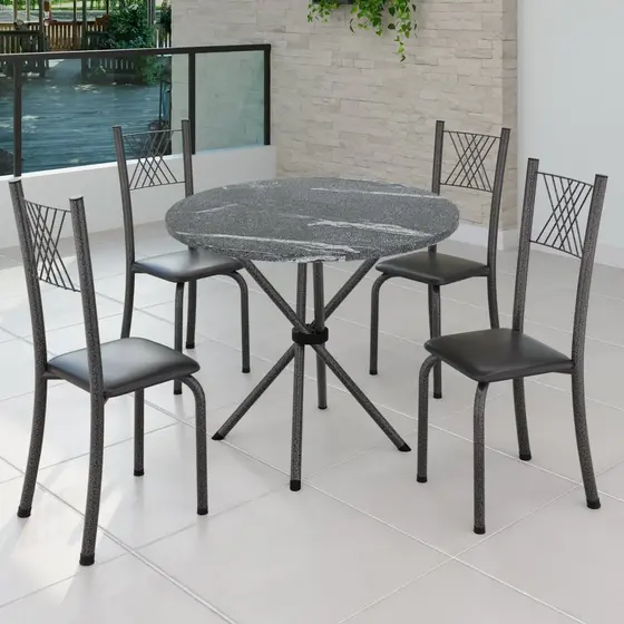 Conjunto de Jantar Mesa Tampo Redondo de Granito Topázio com 4 Cadeiras Sara Yescasa Preto Liso/Mart Prata