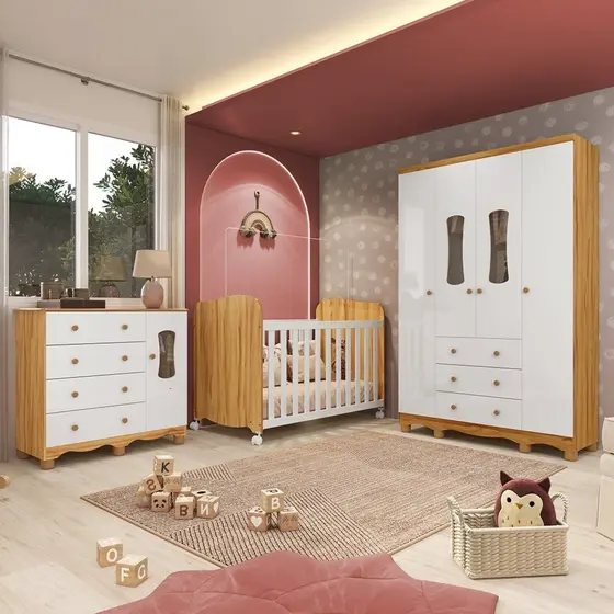 Quarto de Bebê com Guarda-Roupas 4 Portas Janeladas Cômoda e Berço 100% MDF Lana Espresso Móveis Branco