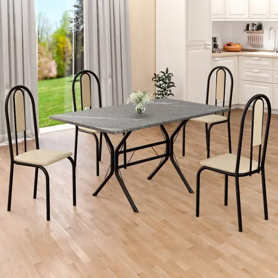 Conjunto Sala de Jantar Mesa Retangular 120x75cm Tampo Granito Topázio 4 Cadeiras Linda Yescasa Creme/Preto