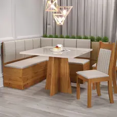 Conjunto Canto Alemão com Baú Bariloche Mesa Quadrada 90x90 sem Vidro e 2 Cadeiras Dallas em MDP/MDF Yescasa