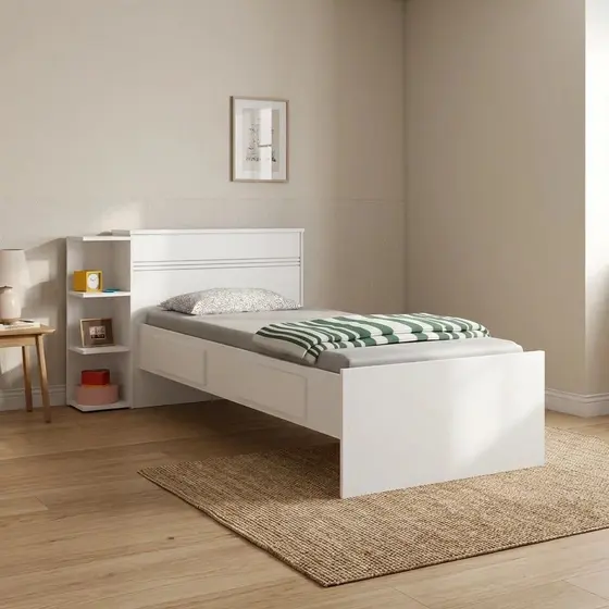 Cama Solteiro com Baú 2 Gavetas e 3 Nichos Jade Branco Branco