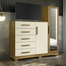 Cômoda para Quarto 5 Gavetas e 2 Portas com Espelho New Master Cinamomo/Off White