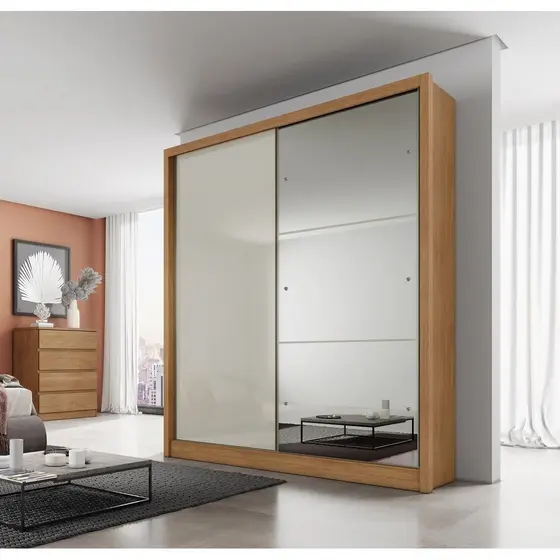 Guarda Roupa Solteiro MDF com Espelho 2 Portas 3 Gavetas Toronto Cumaru Fendi
