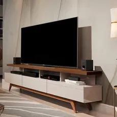 Rack para TV até 72 Polegadas MDF 180cm Pés em Madeira Maciça Vivare Bege Off White/Freijó Off White/Freijó