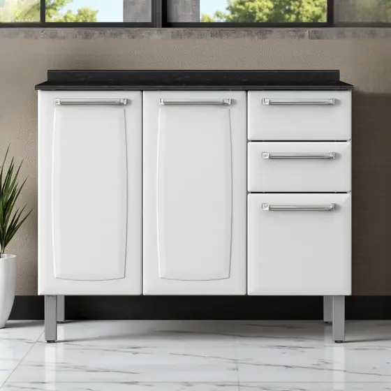 Balcão Cozinha em Aço 3 Portas 2 Gavetas 105cm com Tampo Luce Itatiaia  Branco