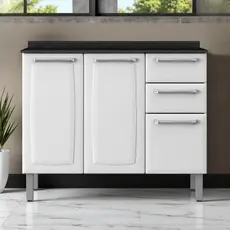 Balcão Cozinha em Aço 3 Portas 2 Gavetas 105cm com Tampo Luce Itatiaia  Branco