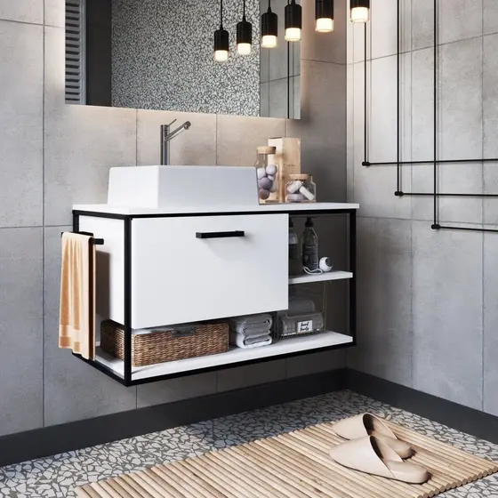 Gabinete Suspenso para Banheiro 80cm com Cuba  Preto/Branco