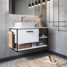 Gabinete Suspenso para Banheiro 80cm com Cuba  Preto/Branco